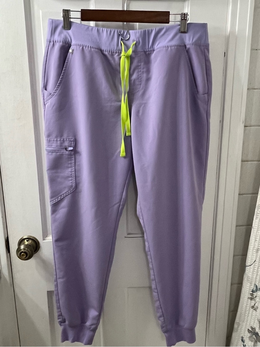 FIGS Women's Zamora Jogger Scrub Pants Purple Haze Neon Lime Drawstring L